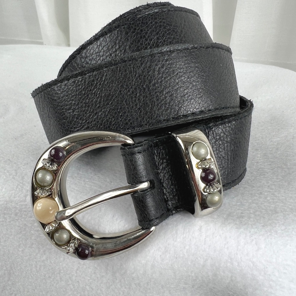 Womens Black Leather Belt size Small Gemstone Buckle Made in USA Boho fstival - Picture 2 of 7